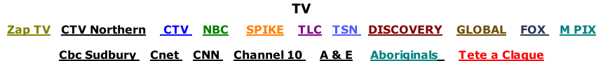 TV  Zap TV   CTV Northern     CTV    NBC     SPIKE    TLC   TSN   DISCOVERY    GLOBAL    FOX    M PIX      Cbc Sudbury    Cnet    CNN    Channel 10     A & E     Aboriginals      Tete a Claque